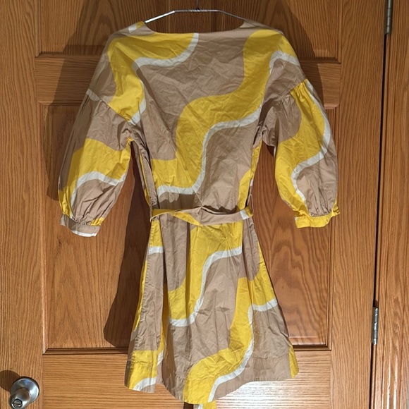 Chinti & Parker Wave Printed Puff Sleeve Tie Waist V-Neck Mini Dress Yellow Tan - Picture 5 of 5